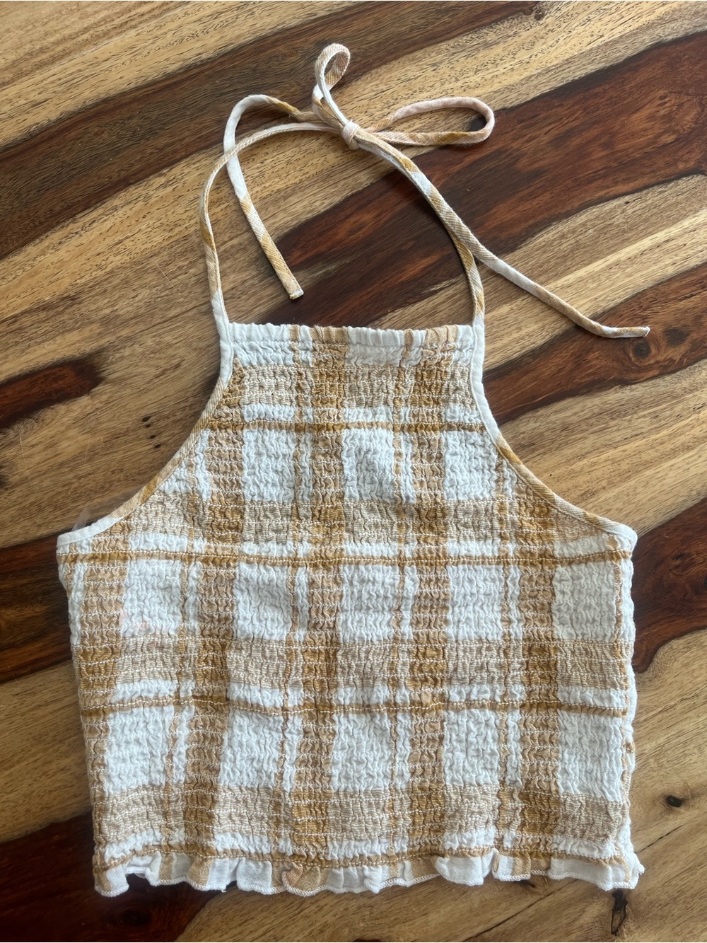 American Eagle Smocked Plaid Seersucker Halter Crop Top